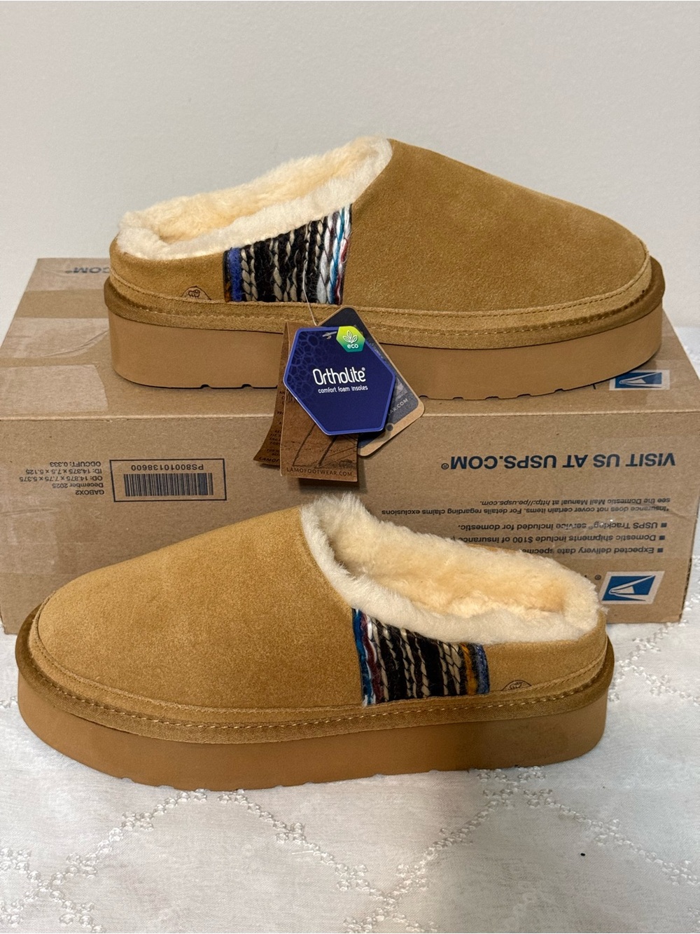Lamo Camel Suede Slip-On Mule with Woven Accent